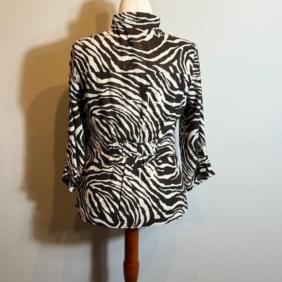 Chico's jacket brown & tan zebra linen 3/4 tab sleeve button front Sz 0 US S - Picture 10 of 13